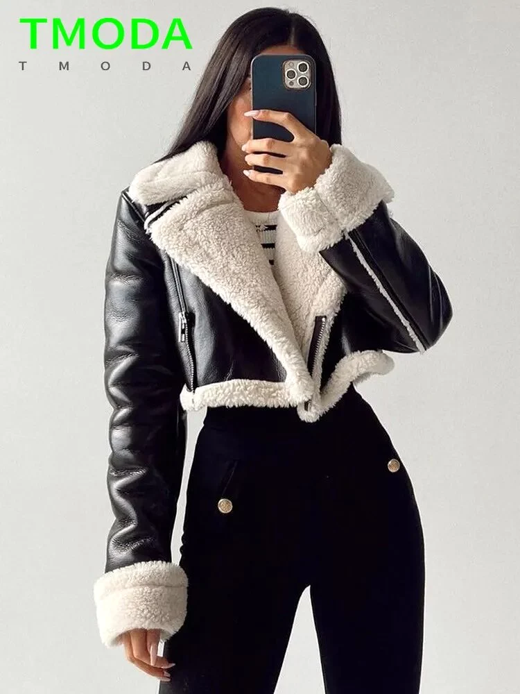 2023 Autumn Winter Women Thick Warm Faux Leather Shearling Short Jacket Ladies Vintage Coat Female Outerwear Chic Tops