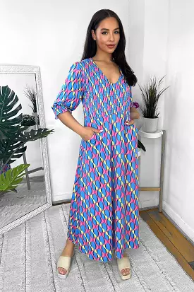 Abstract Print Shirred Top V-neck Midi Dress