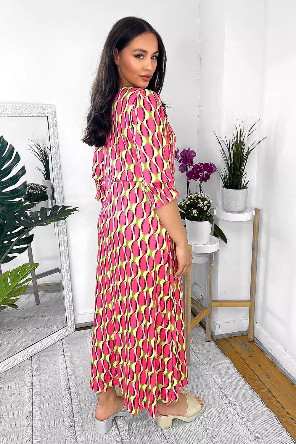 Abstract Print Shirred Top V-neck Midi Dress