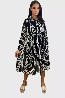 Abstract Zebra Print V-Neck Midi Dress