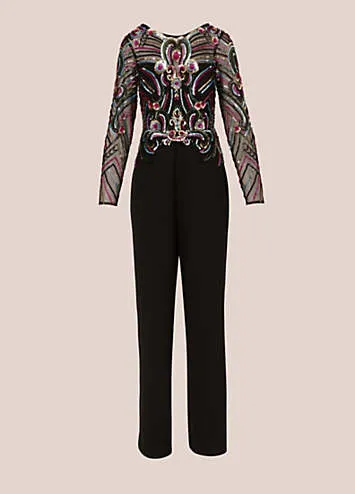 Adrianna Papell Beaded Mesh Crepe Jumpsuit | Kaleidoscope