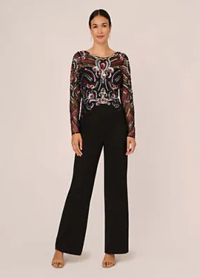 Adrianna Papell Beaded Mesh Crepe Jumpsuit | Kaleidoscope