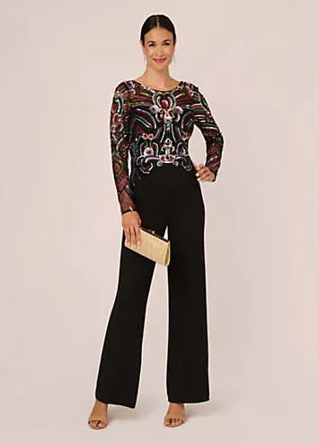 Adrianna Papell Beaded Mesh Crepe Jumpsuit | Kaleidoscope