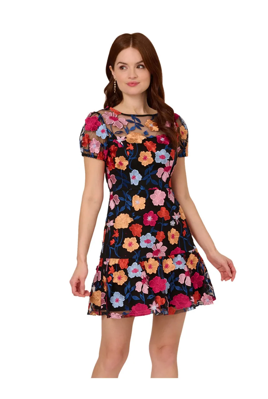 ADRIANNA PAPELL Embroidered flounce dress 
                         
                     
                