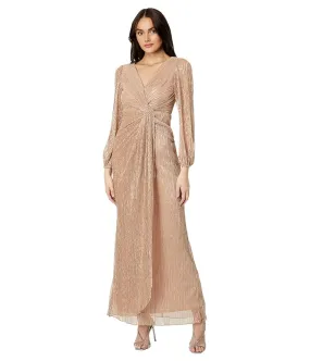 Adrianna Papell Long Sleeve Crinkle Metallic Side Draped Gown