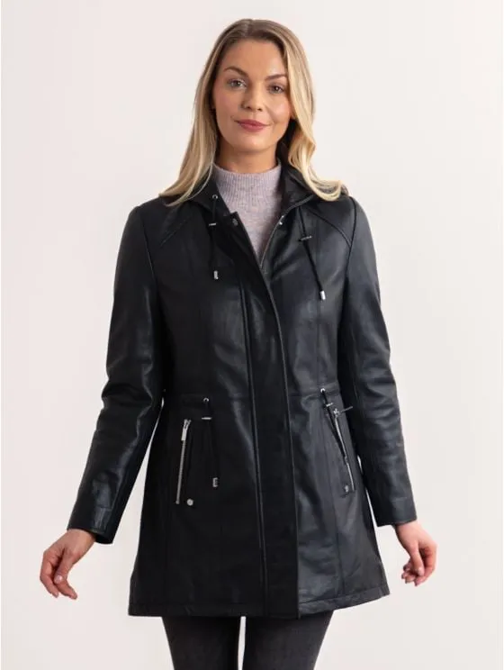 Ambleside Hooded Leather Coat in Black