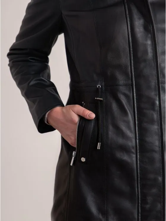 Ambleside Hooded Leather Coat in Black