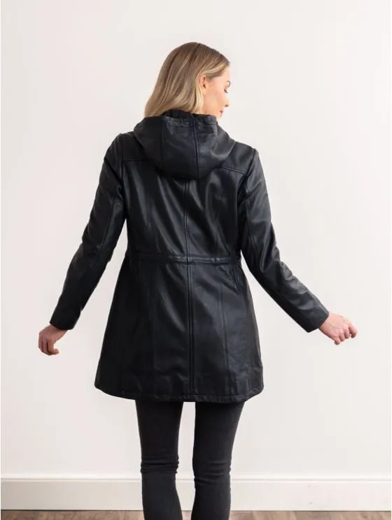 Ambleside Hooded Leather Coat in Black