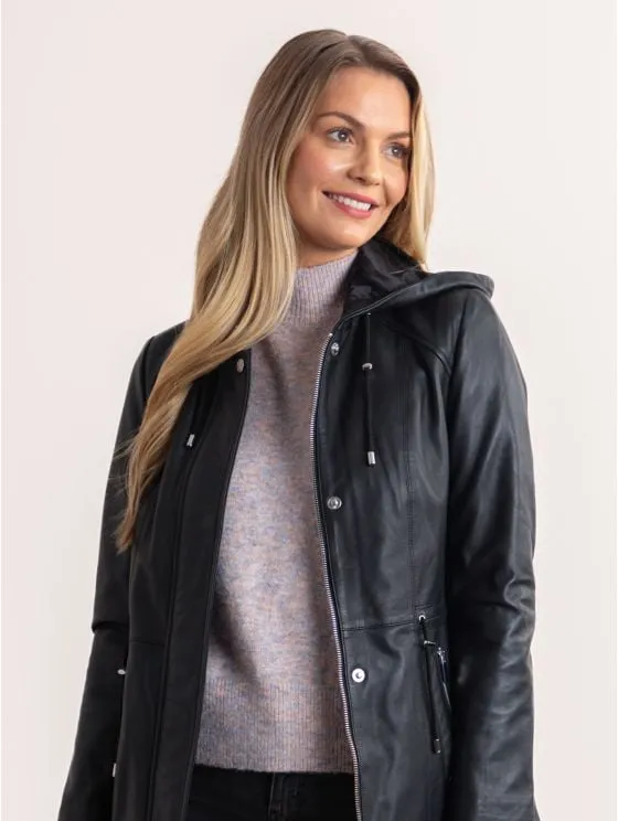 Ambleside Hooded Leather Coat in Black