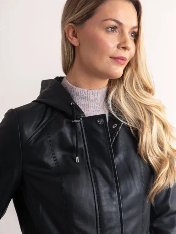 Ambleside Hooded Leather Coat in Black