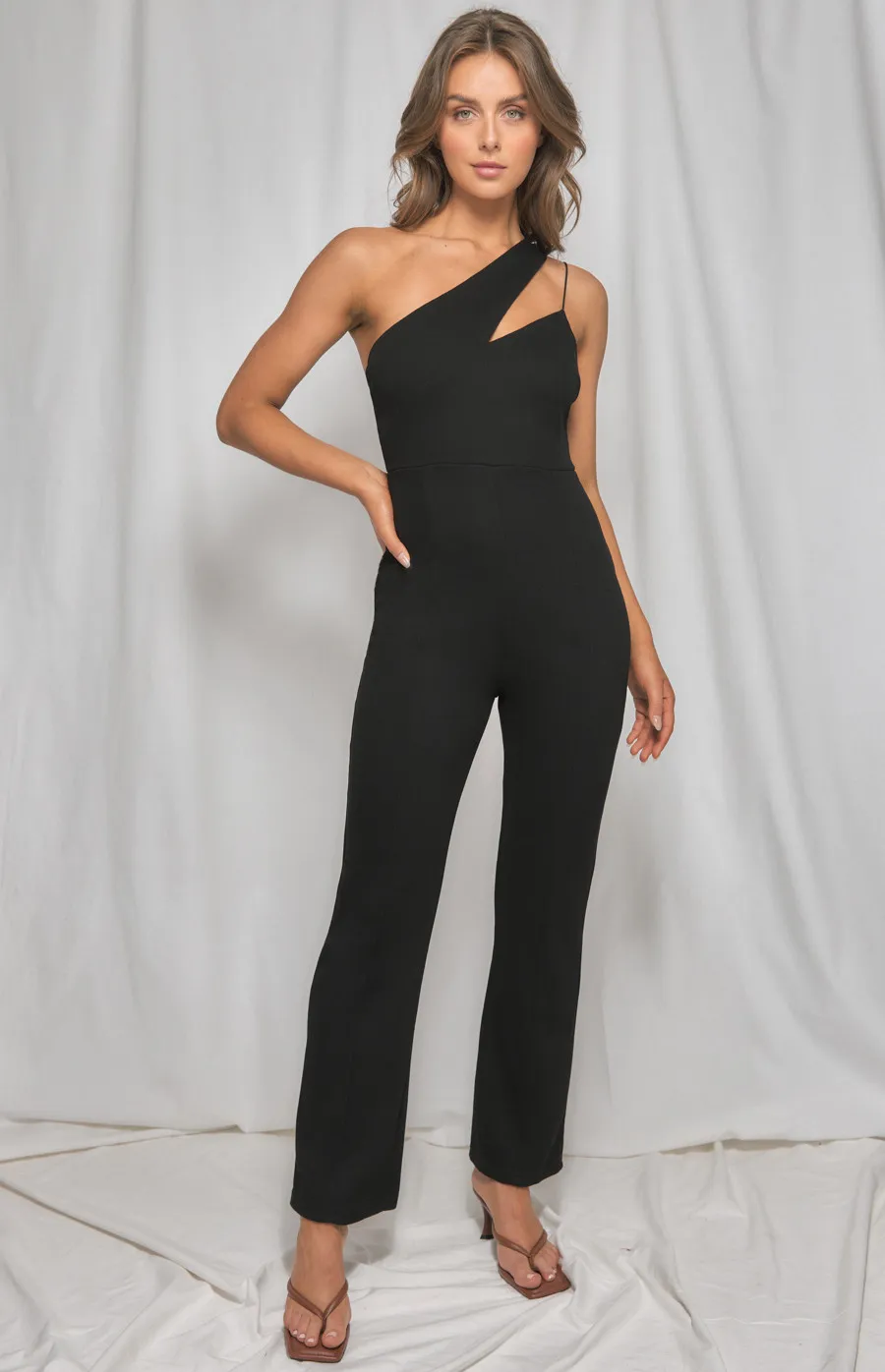 Asymmetric Neckline Flared Pants Jumpsuit (WJP221A)