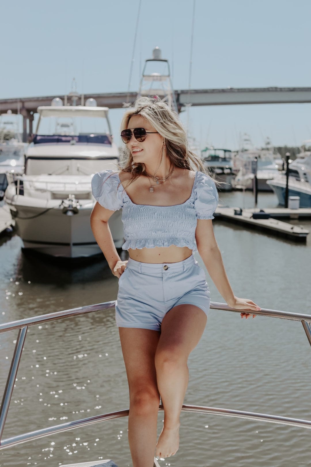 Baby Blue Set Smocked Crop Top