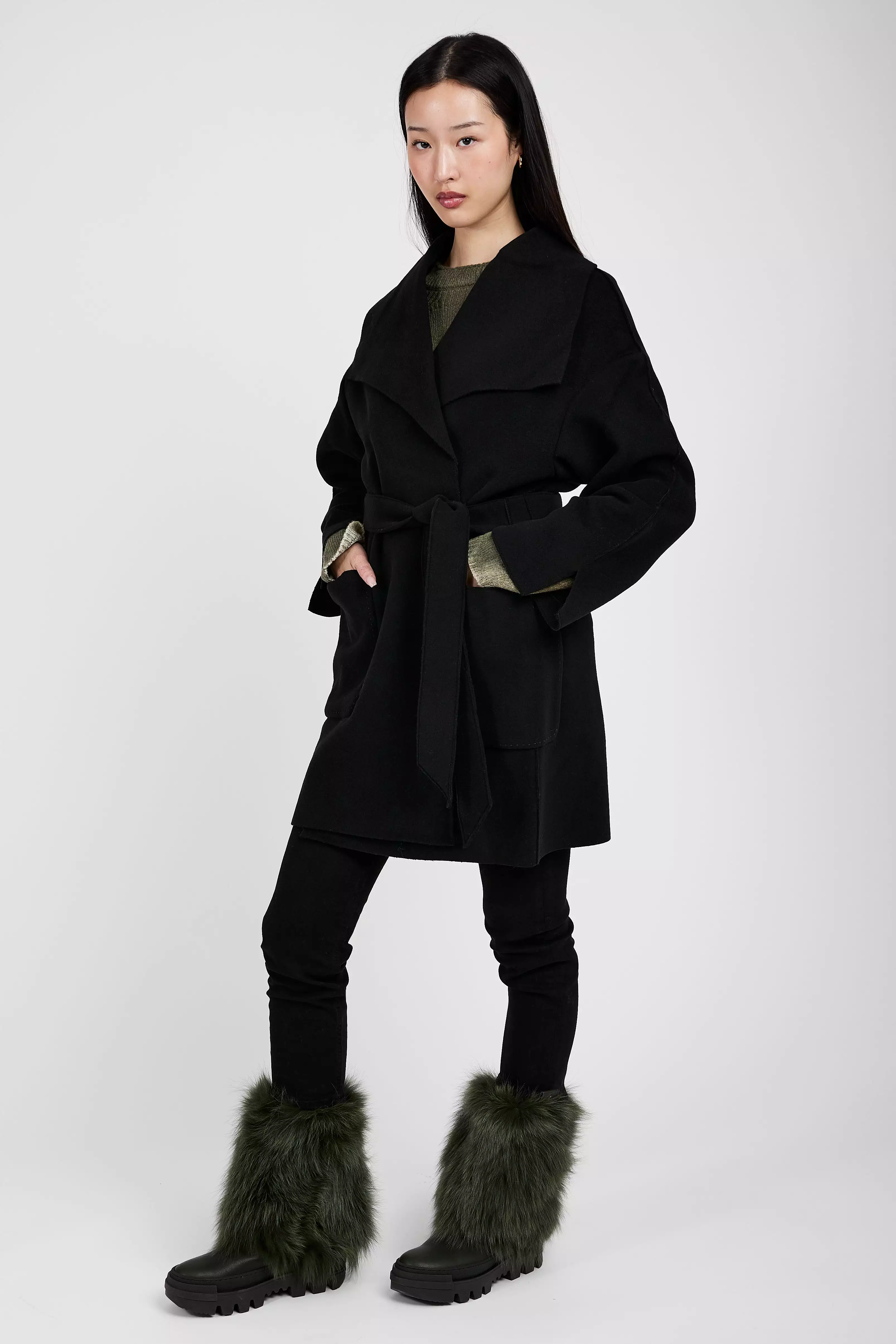 Belted Wrap Wool Coat in Black