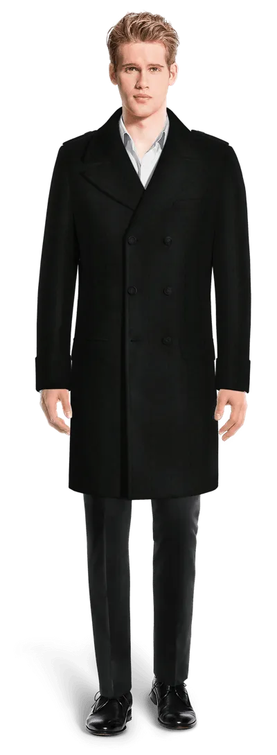 Black Long Double Breasted Coat with epaulettes