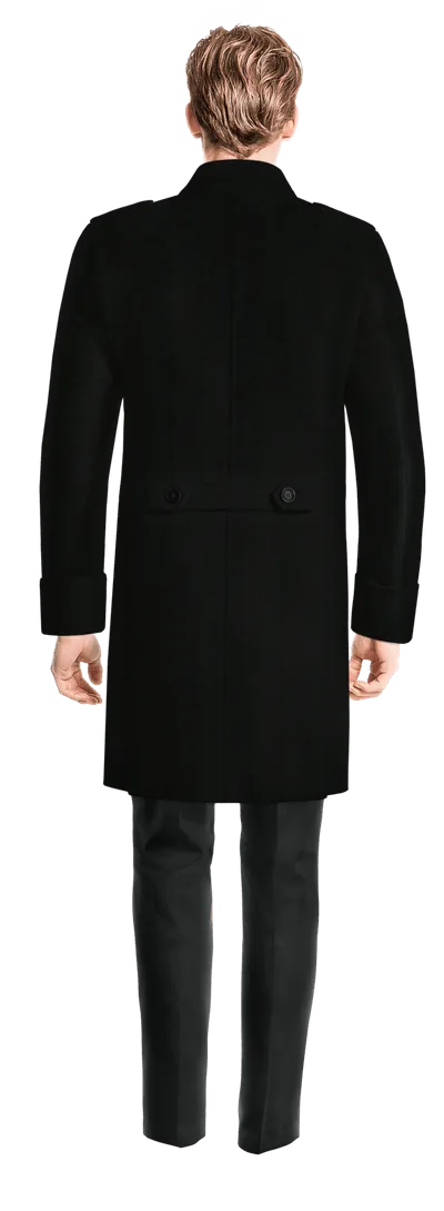 Black Long Double Breasted Coat with epaulettes