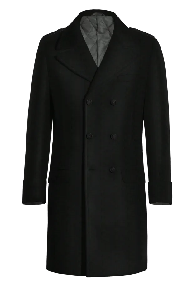 Black Long Double Breasted Coat with epaulettes