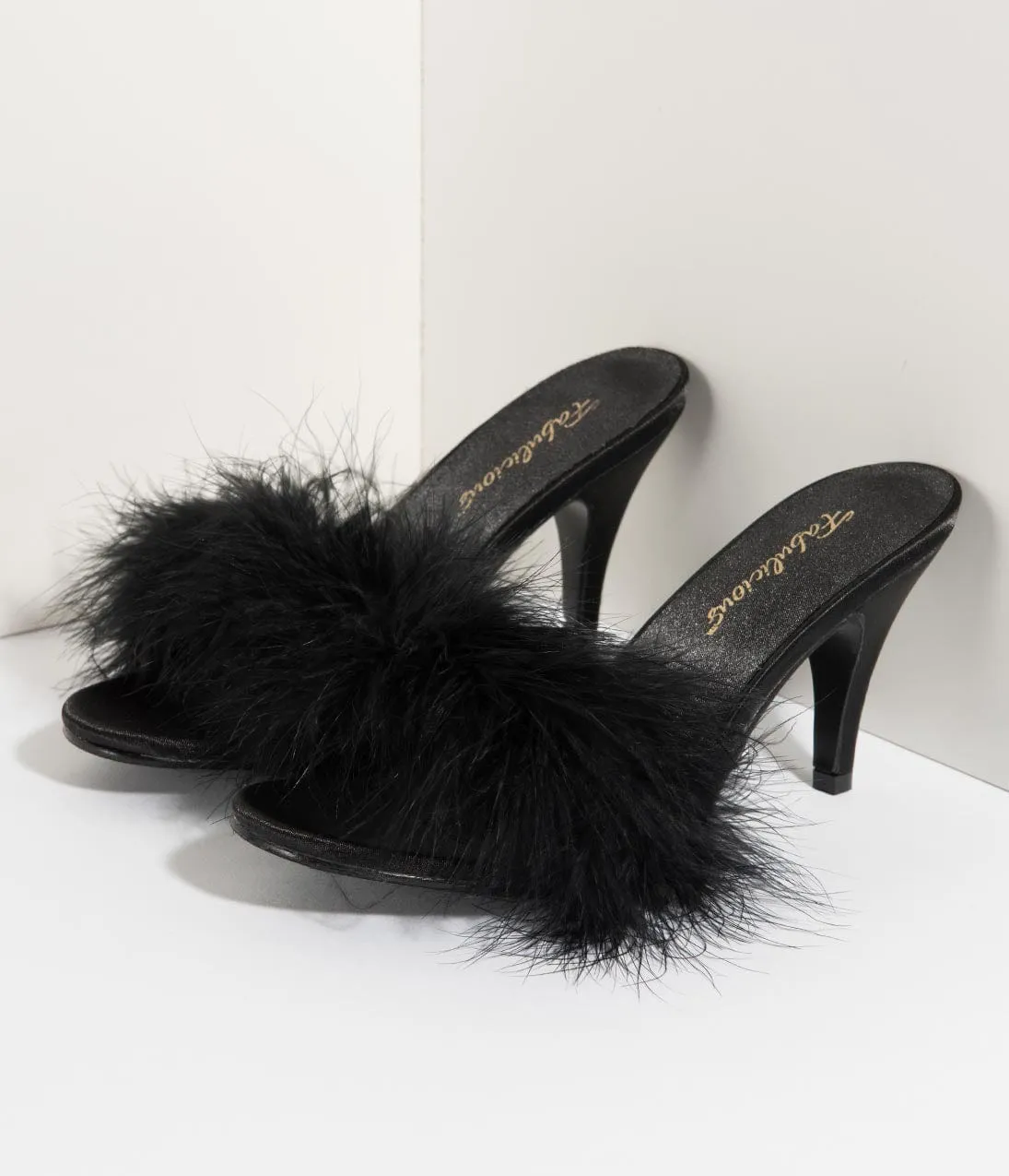 Black Satin & Marabou Feather Peep Toe Amour Heel Slipper