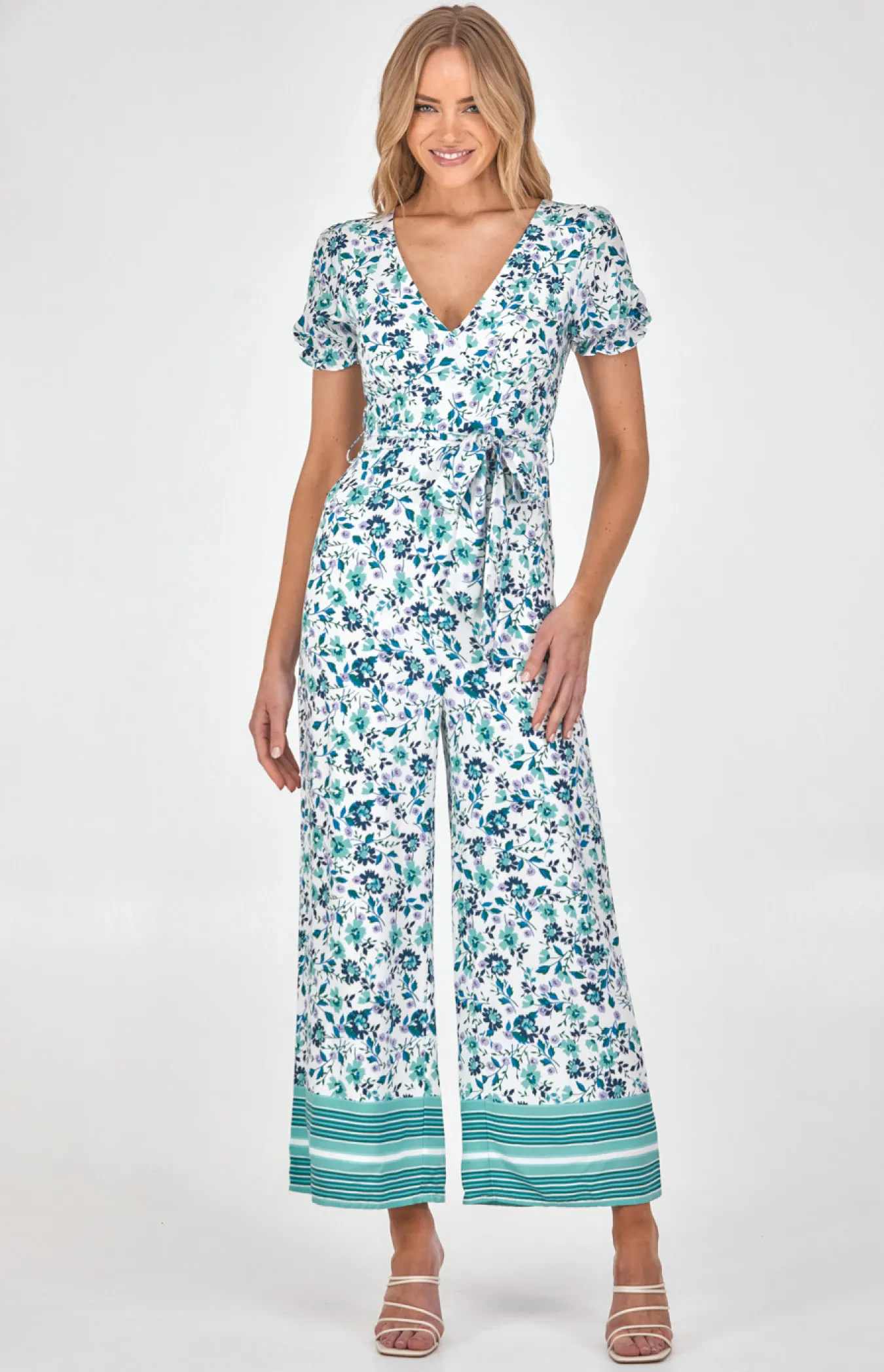 Boho Placement Print V Neckline Bubble Sleeve Jumpsuit (SJP489A)