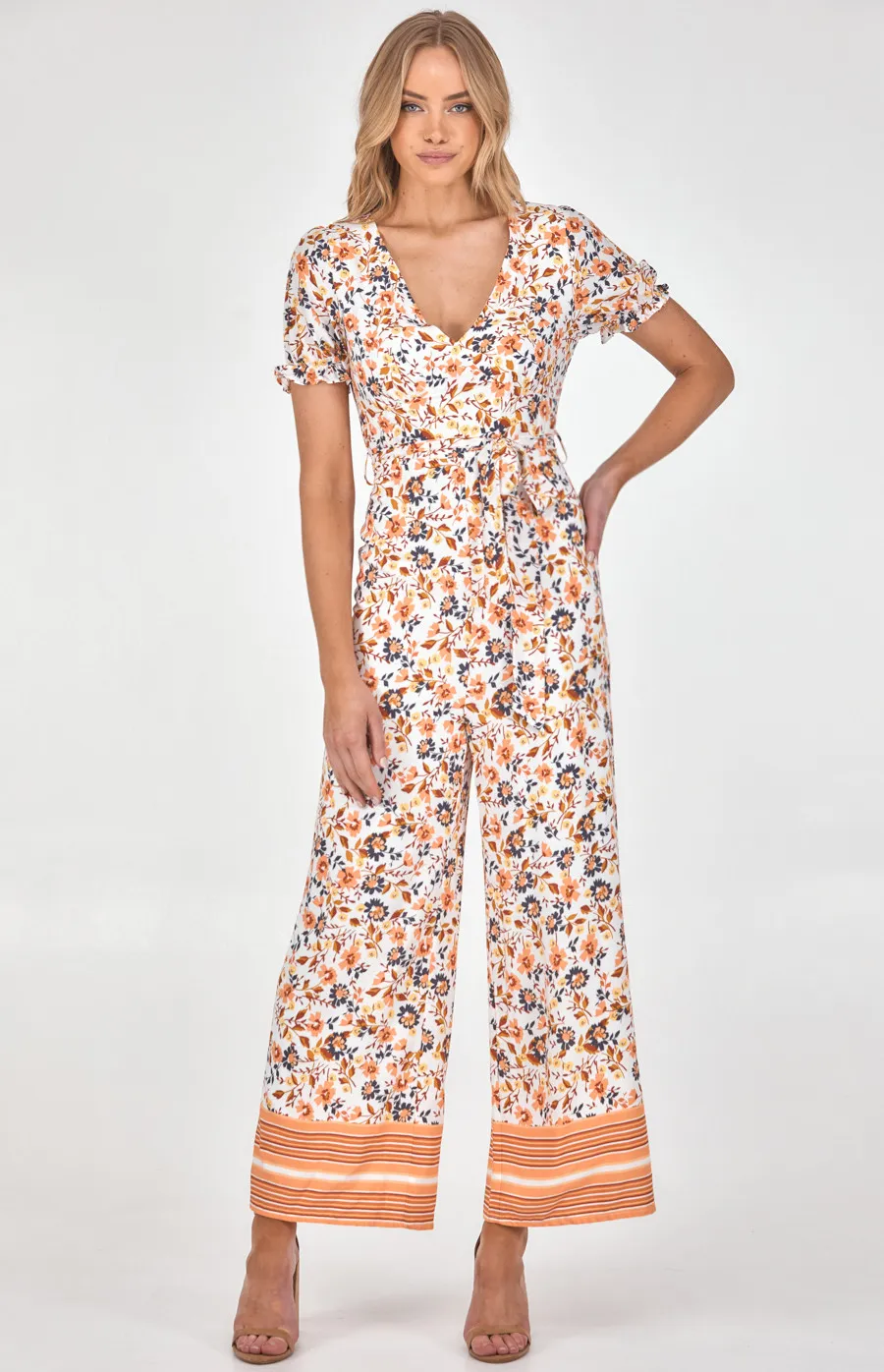 Boho Placement Print V Neckline Bubble Sleeve Jumpsuit (SJP489A)