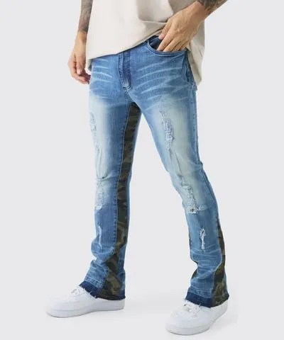 boohoo Mens Skinny Flared Ripped Bleached Camo Gusset Jeans