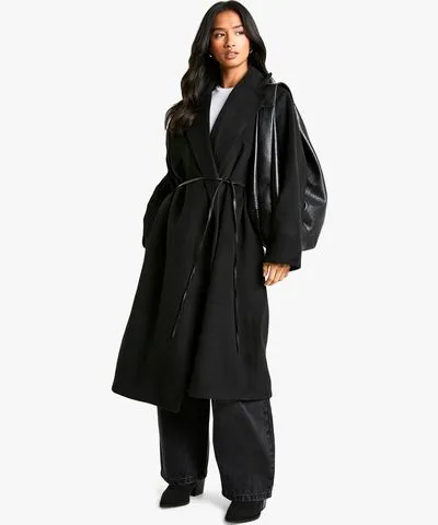 boohoo Womens Petite Faux Leather Belt Wool Look Coat