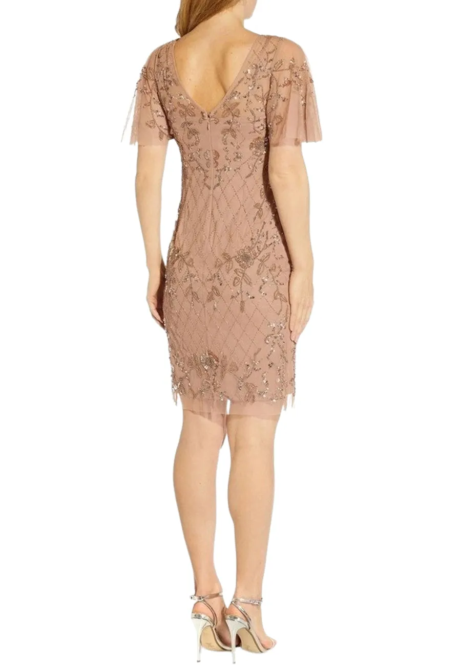 Bronze Beaded V Back Mini Dress