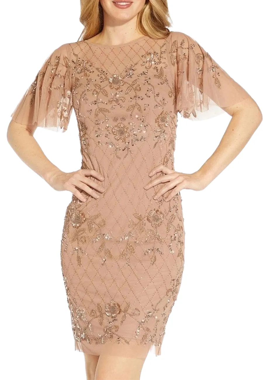 Bronze Beaded V Back Mini Dress