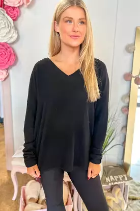 BRUSHED V-NECK KNIT TOP - BLACK