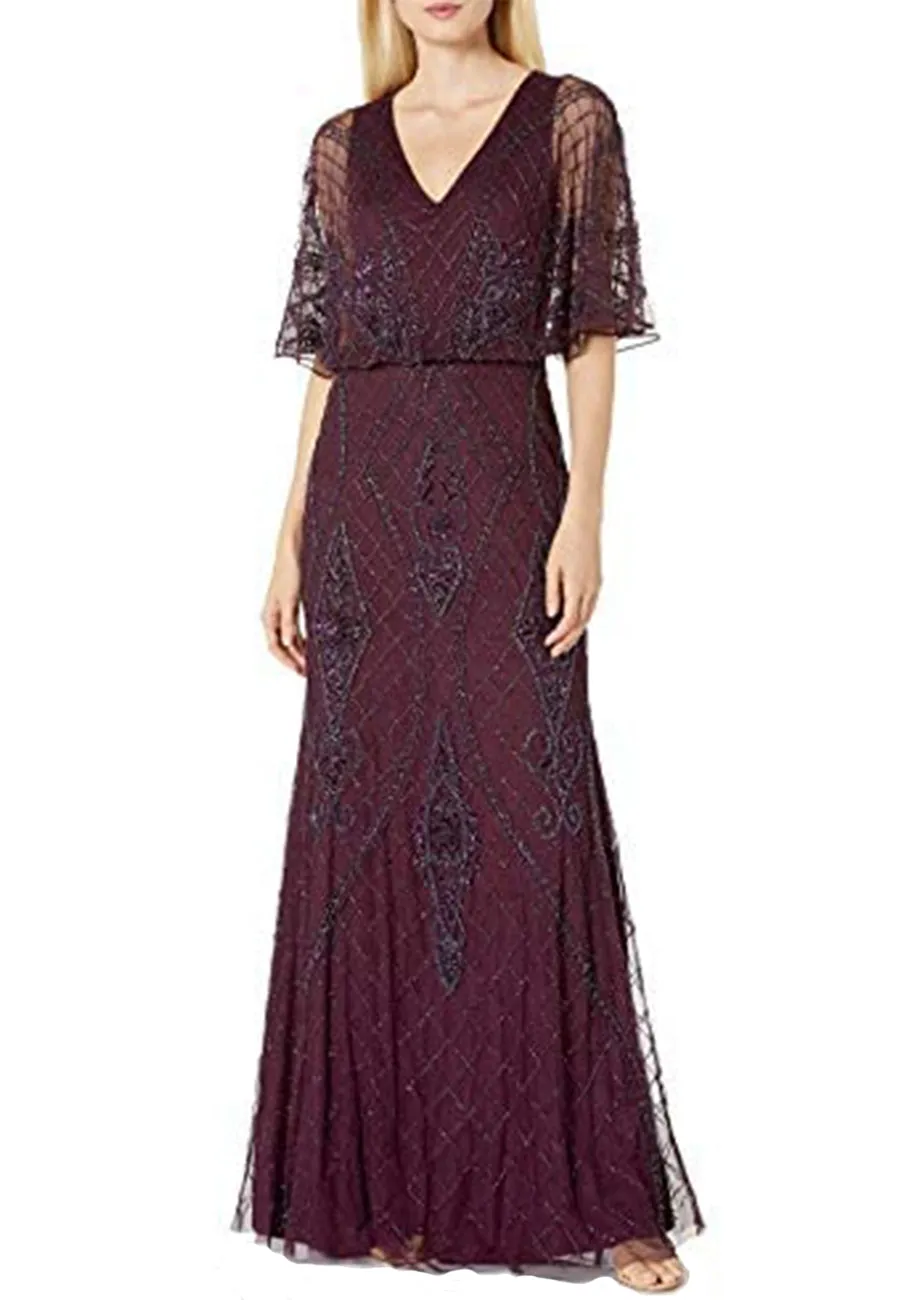 Burgundy Flutter Sleeves Beaded Blouson Gown