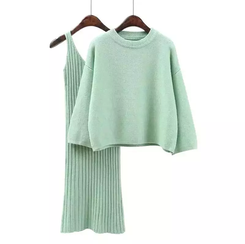 Cashmere Soft Ribbed Knit Dress And Long Sleeve Sweater Two Piece Set