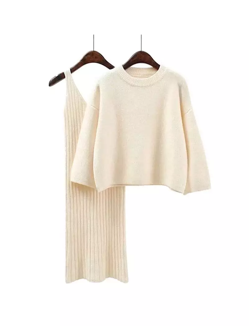 Cashmere Soft Ribbed Knit Dress And Long Sleeve Sweater Two Piece Set