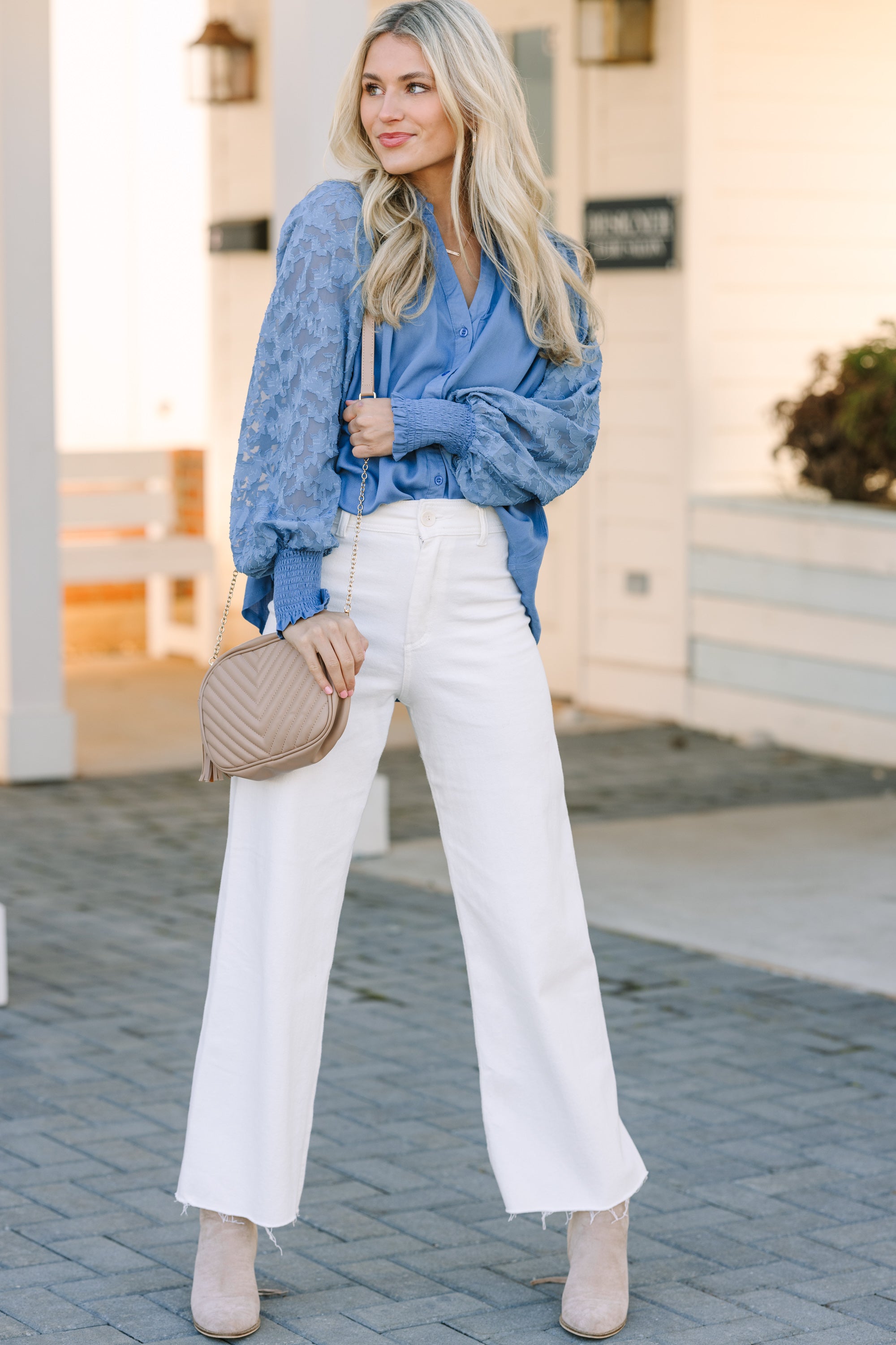 Certain Love Dusty Blue Lace Sleeve Blouse