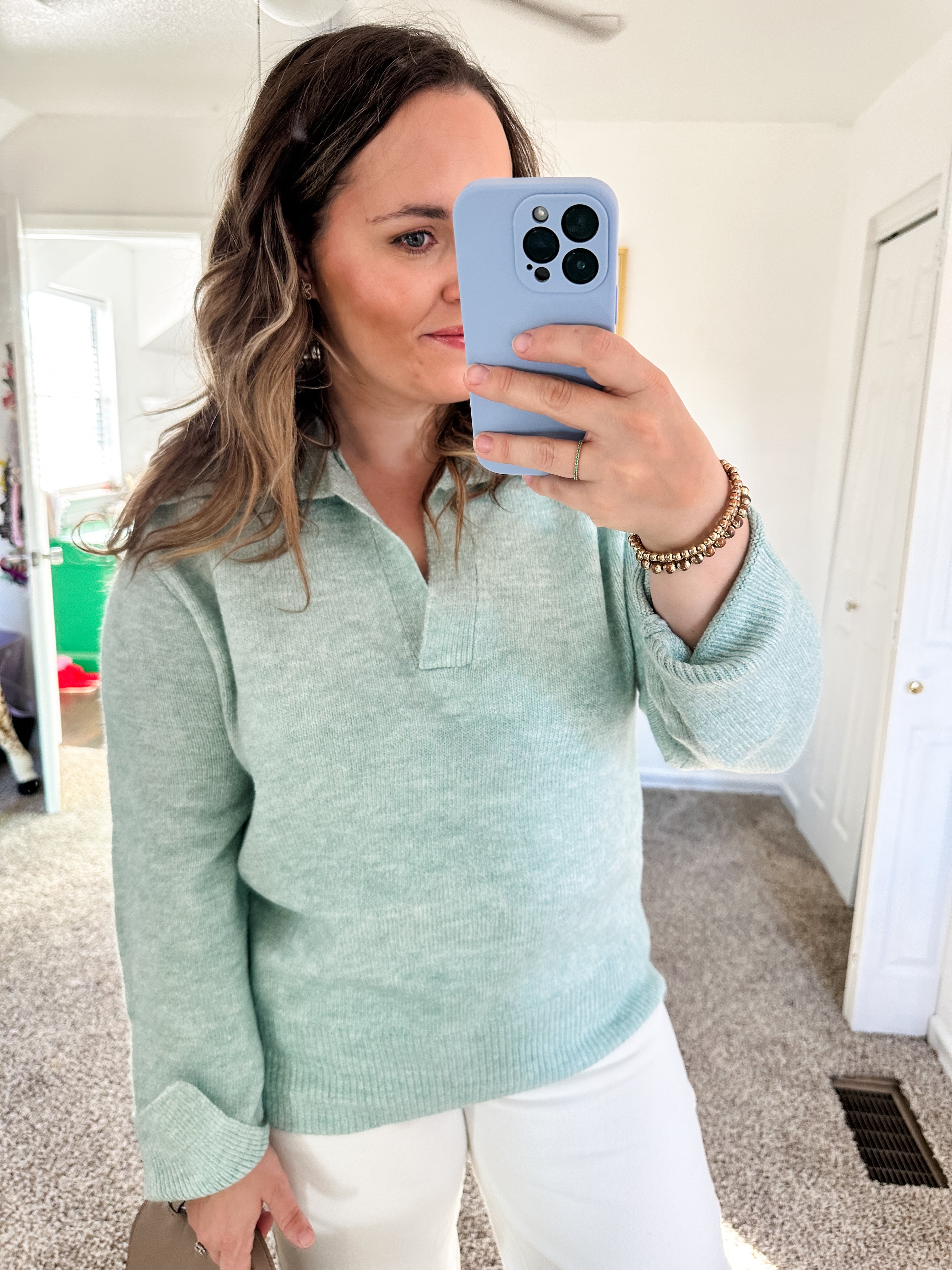 COLLAR V NECK KNIT SWEATER - MINT