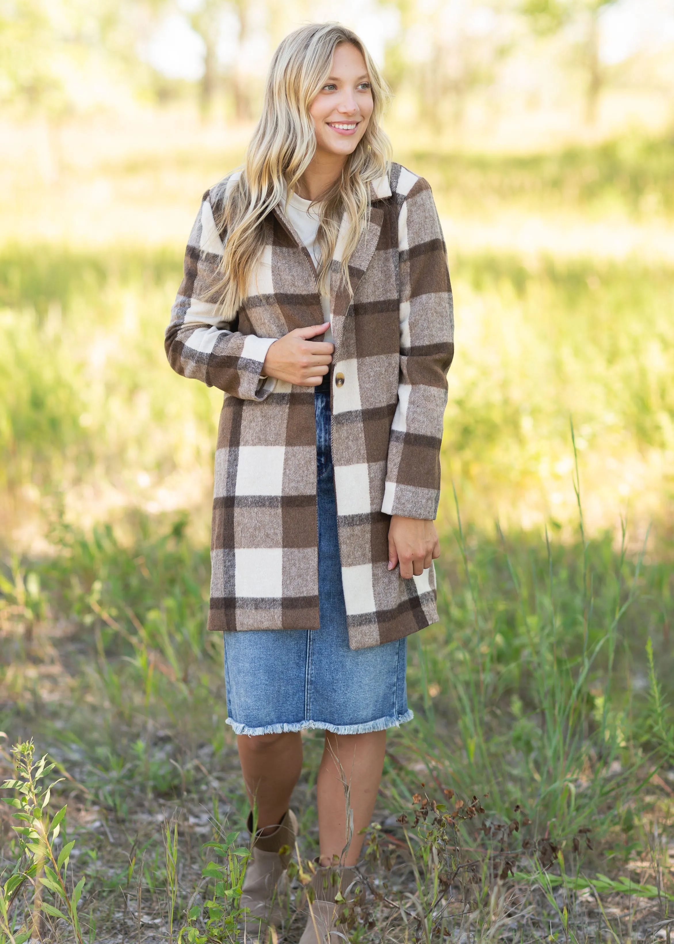 Collared Long Sleeve Plaid Coat - FINAL SALE