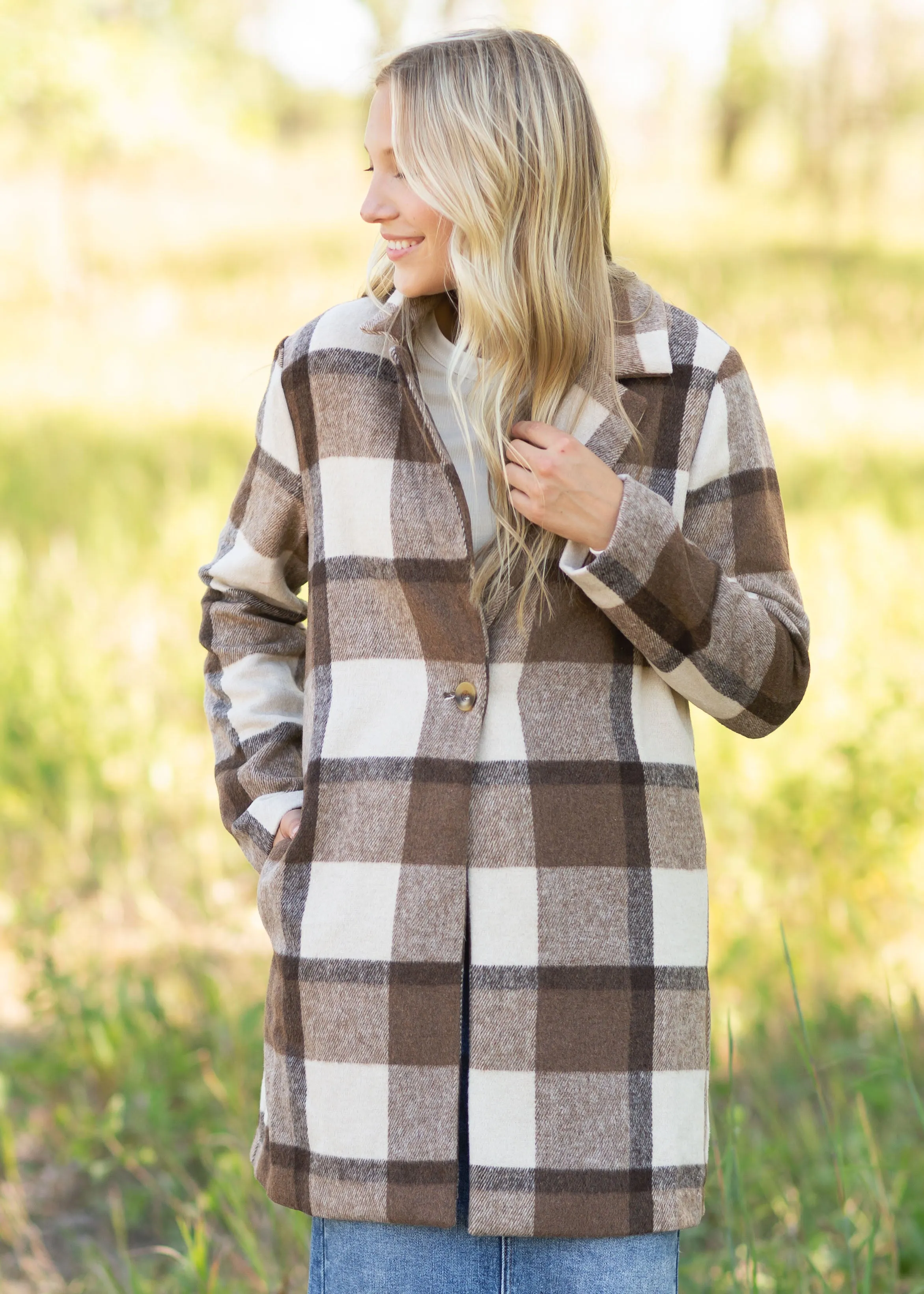 Collared Long Sleeve Plaid Coat - FINAL SALE