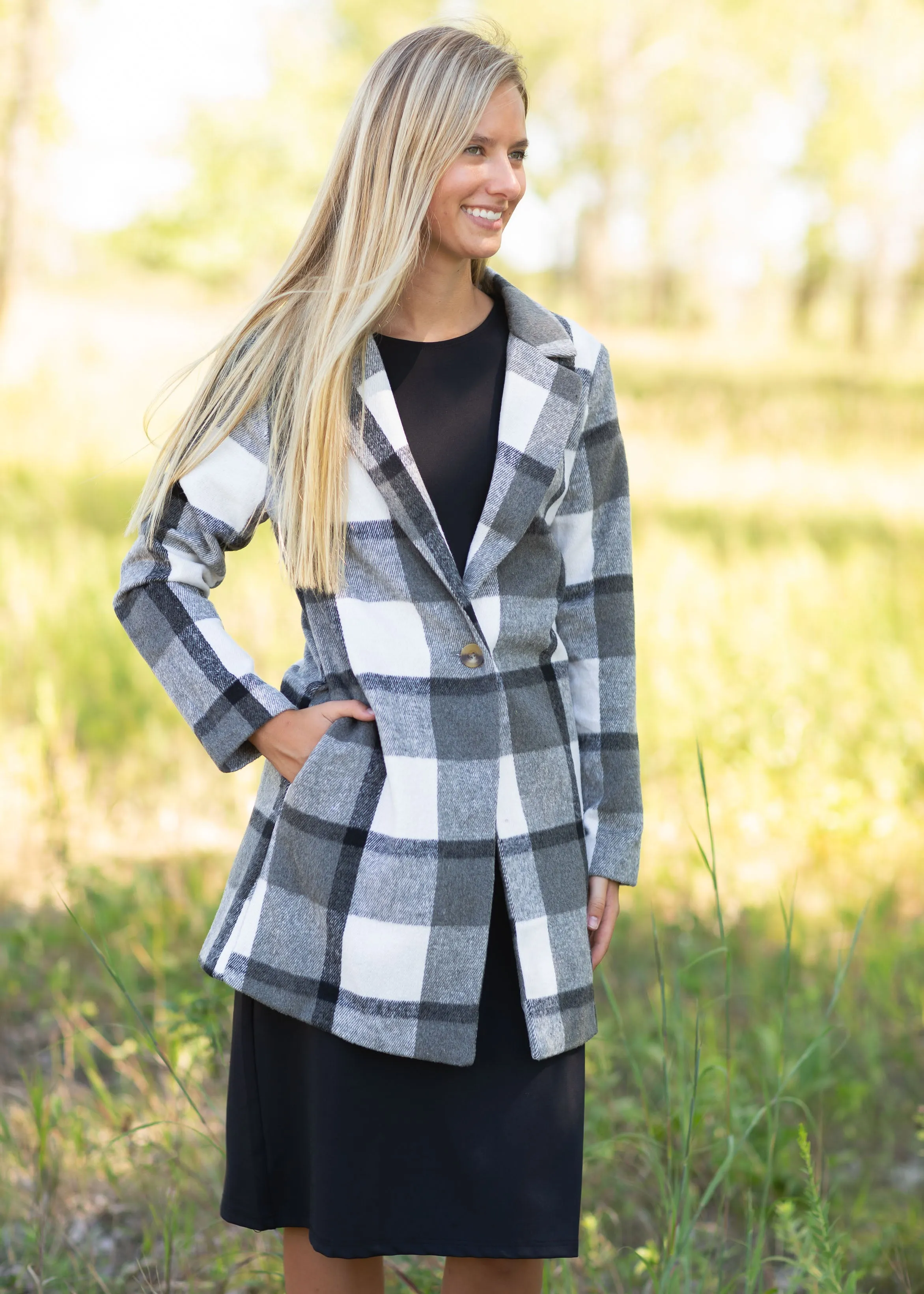 Collared Long Sleeve Plaid Coat - FINAL SALE