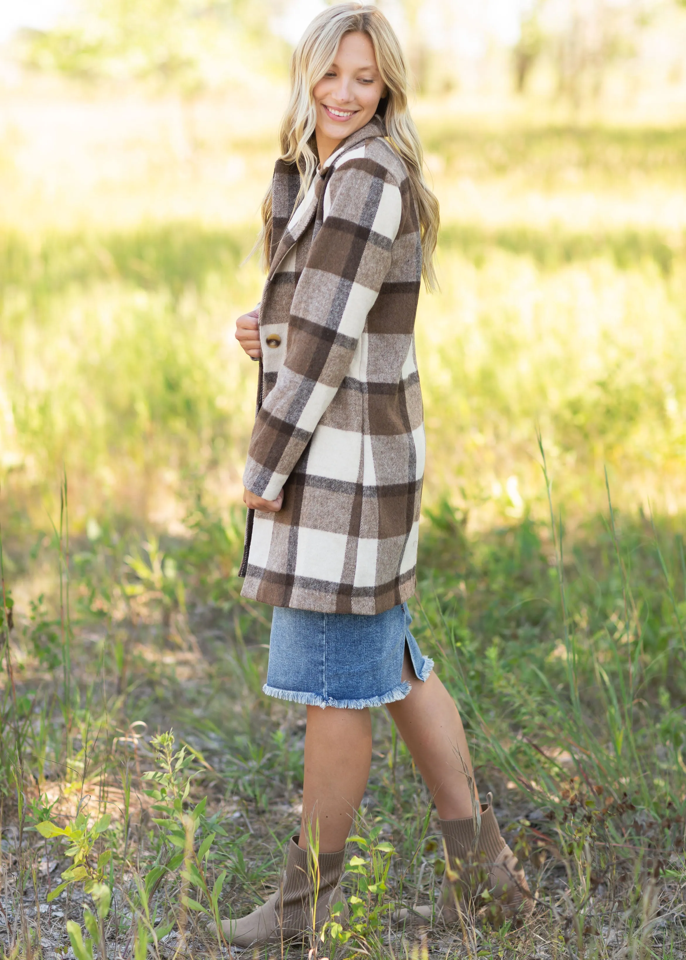 Collared Long Sleeve Plaid Coat - FINAL SALE