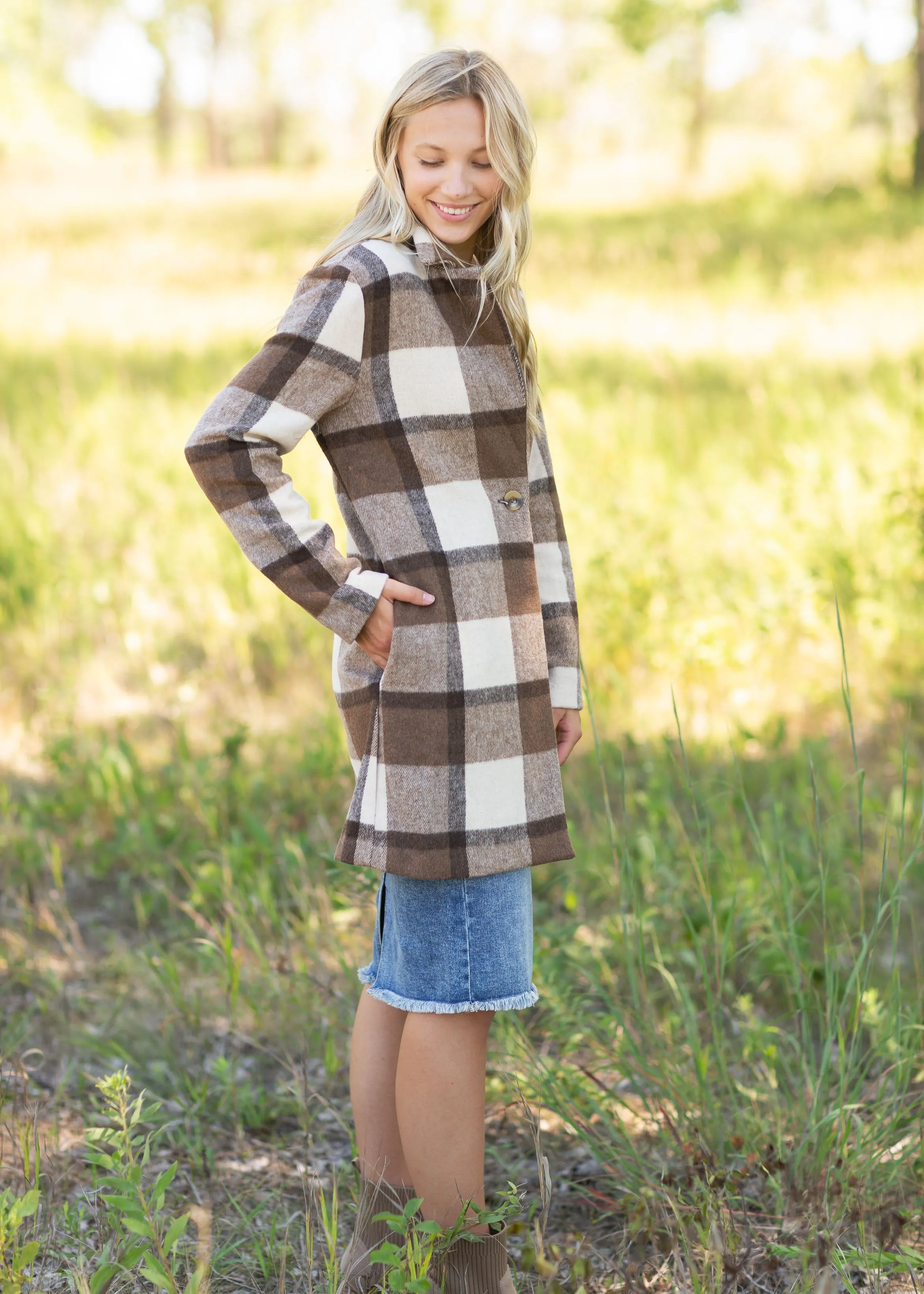 Collared Long Sleeve Plaid Coat - FINAL SALE