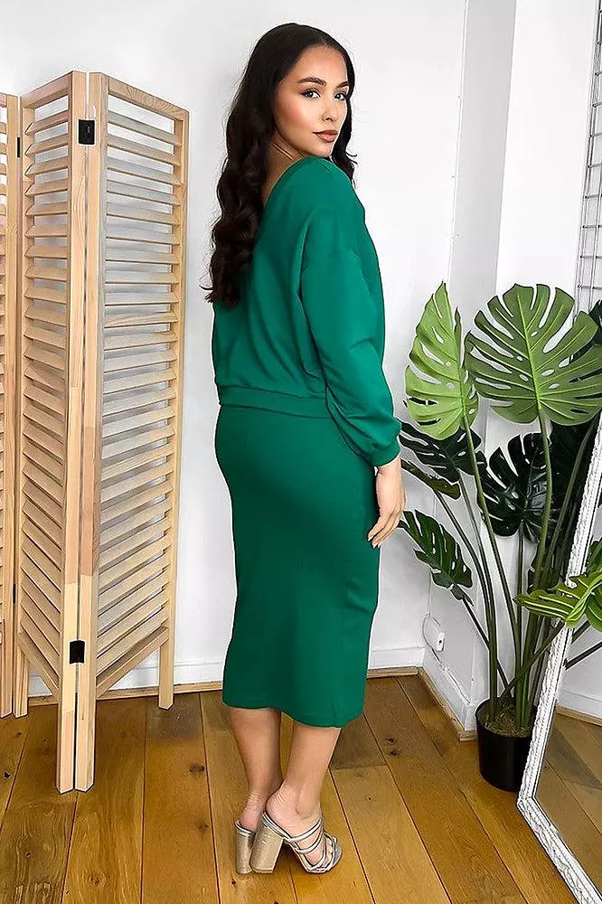 Cotton Blend Midi Dress And V-Neck Sweatshirt Set