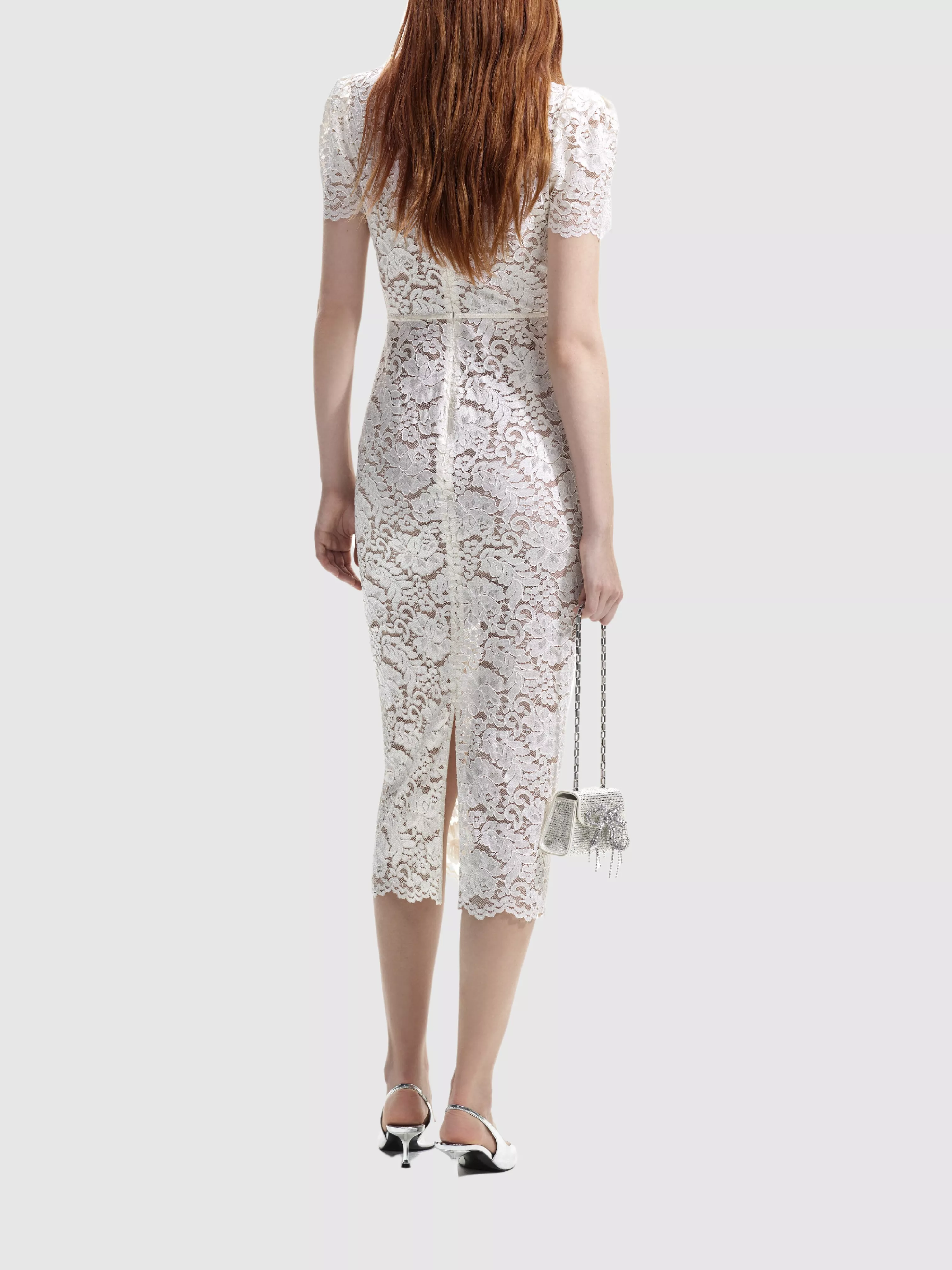 Cream Cord Lace V-Neck Midi Dress