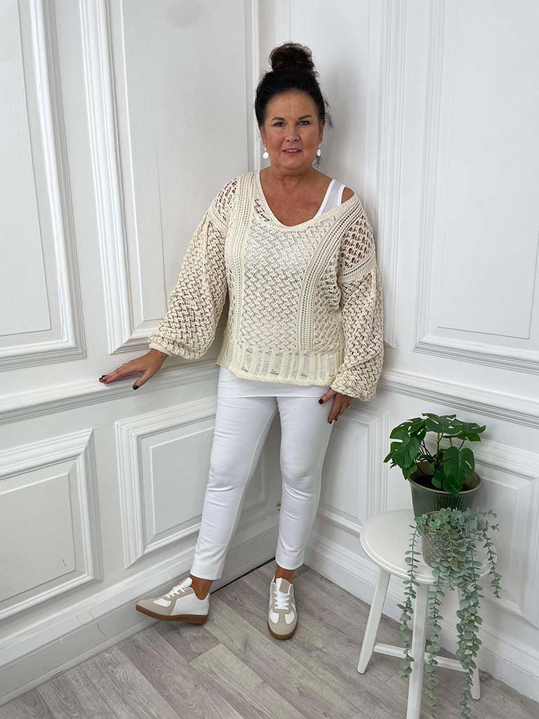 Crochet V-Neck Knit - Ecru