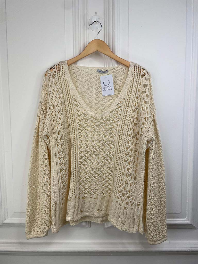 Crochet V-Neck Knit - Ecru