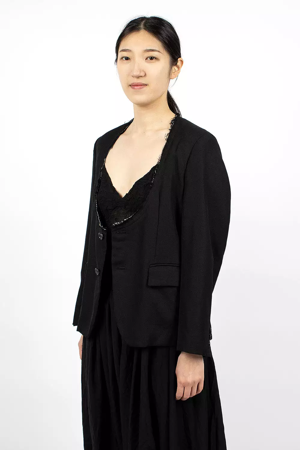 Cut-off Collar Wool Jacket Black