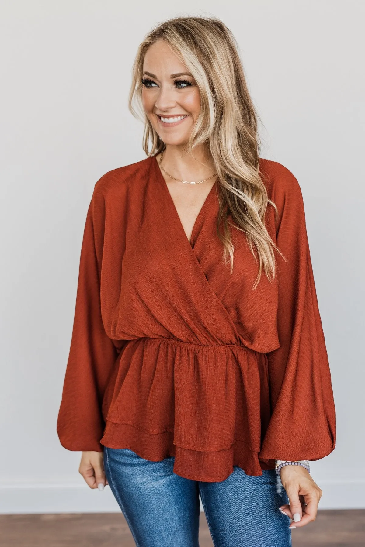 Effortlessly Elegant V-Neck Wrap Blouse- Deep Rust