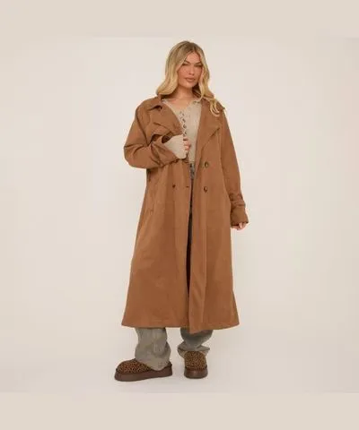 EGO Button Front Longline Trench Coat In Brown Faux Suede