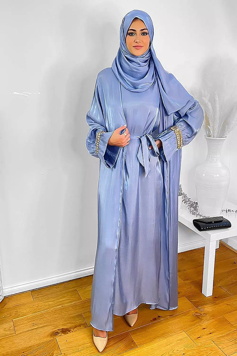 Embellished Sleeves Shimmer Organza Modest Dress And Hijab Scarf Set