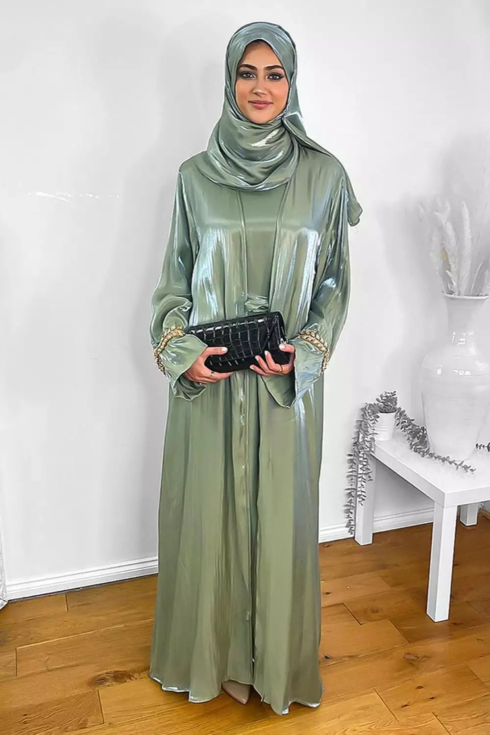 Embellished Sleeves Shimmer Organza Modest Dress And Hijab Scarf Set