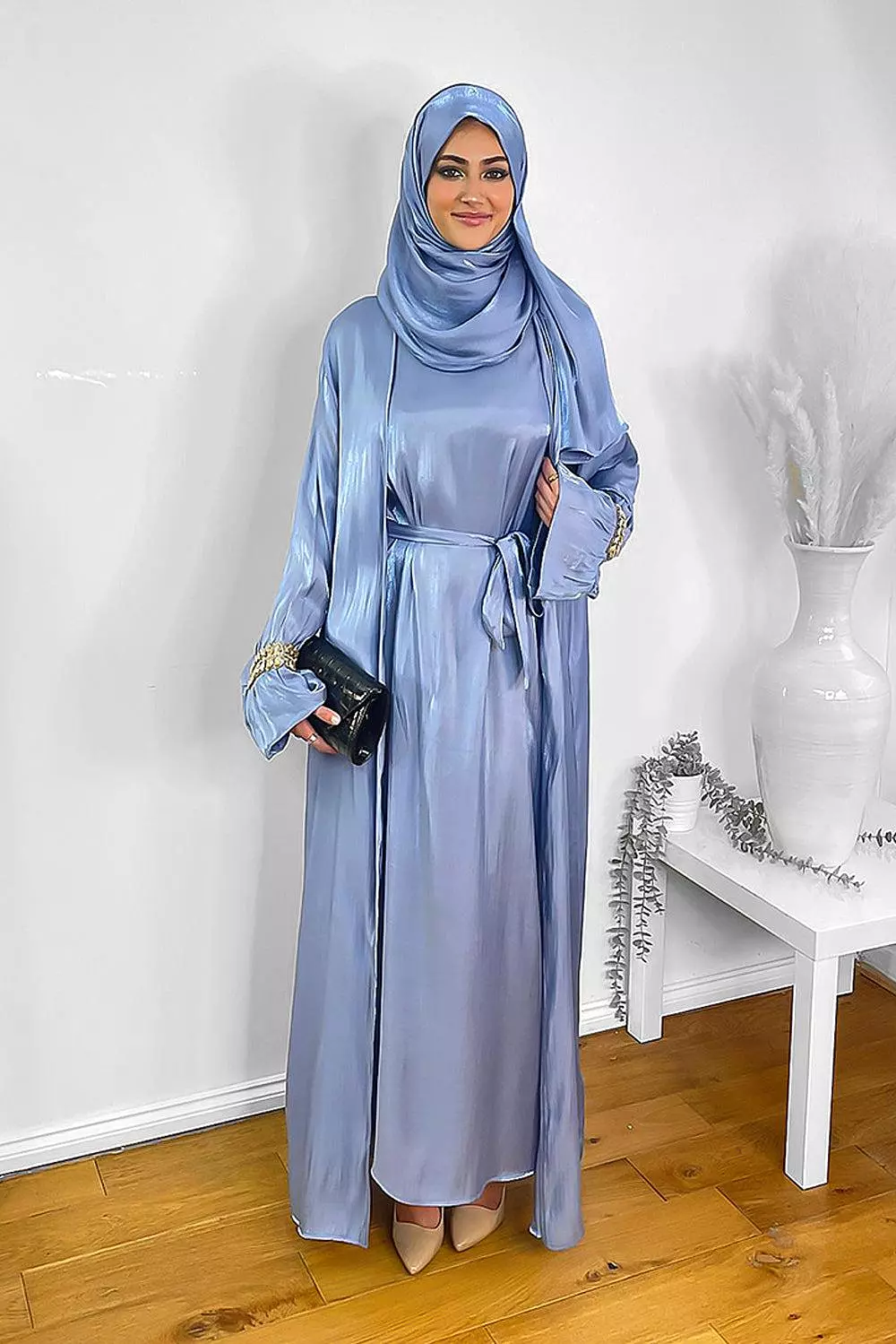 Embellished Sleeves Shimmer Organza Modest Dress And Hijab Scarf Set