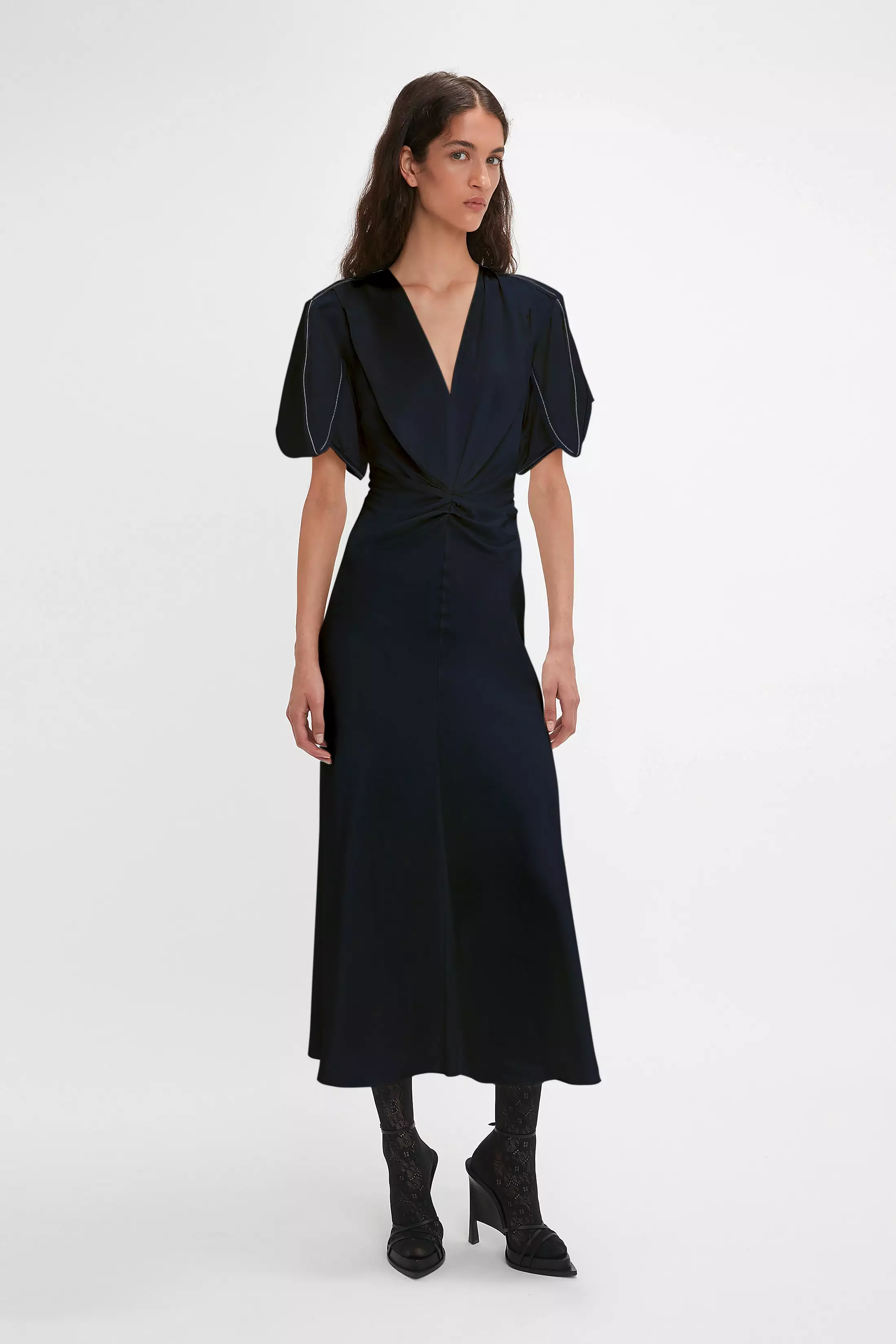 Exclusive Gathered V-Neck Midi Dress In Navy