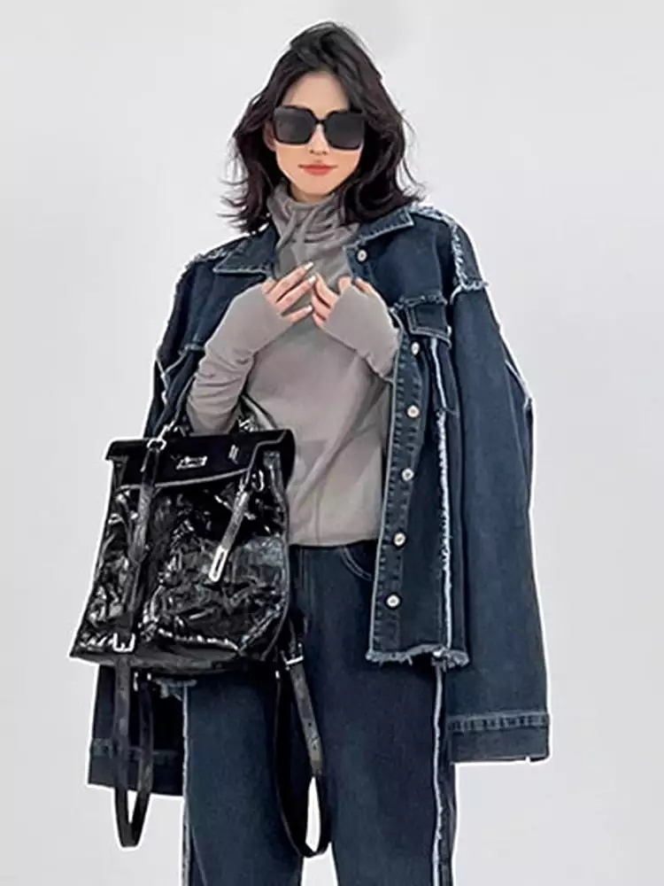 Fashion Women Denim Coat Lapel Single Breasted Burrs Spliced Wash Streetwear Versatile Jacket Autumn 2023 New 5R5696